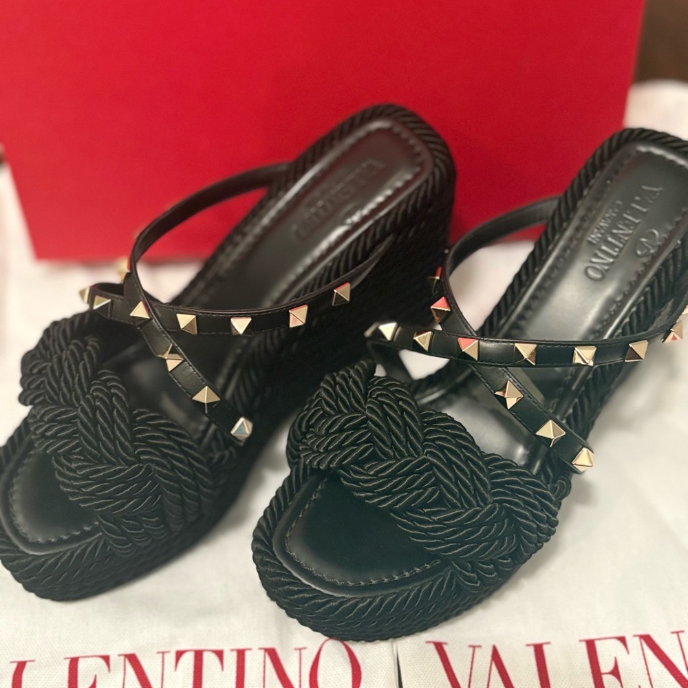 Valentino Black Wedges with Gold Studs
